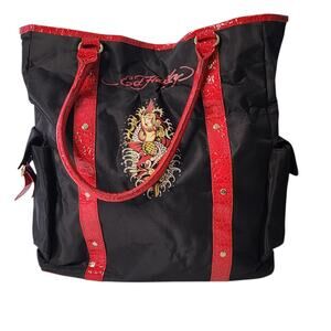 Y2K Vintage Ed Hardy Black & Red Mermaid Tattoo Print Tote Shoulder Bag Large